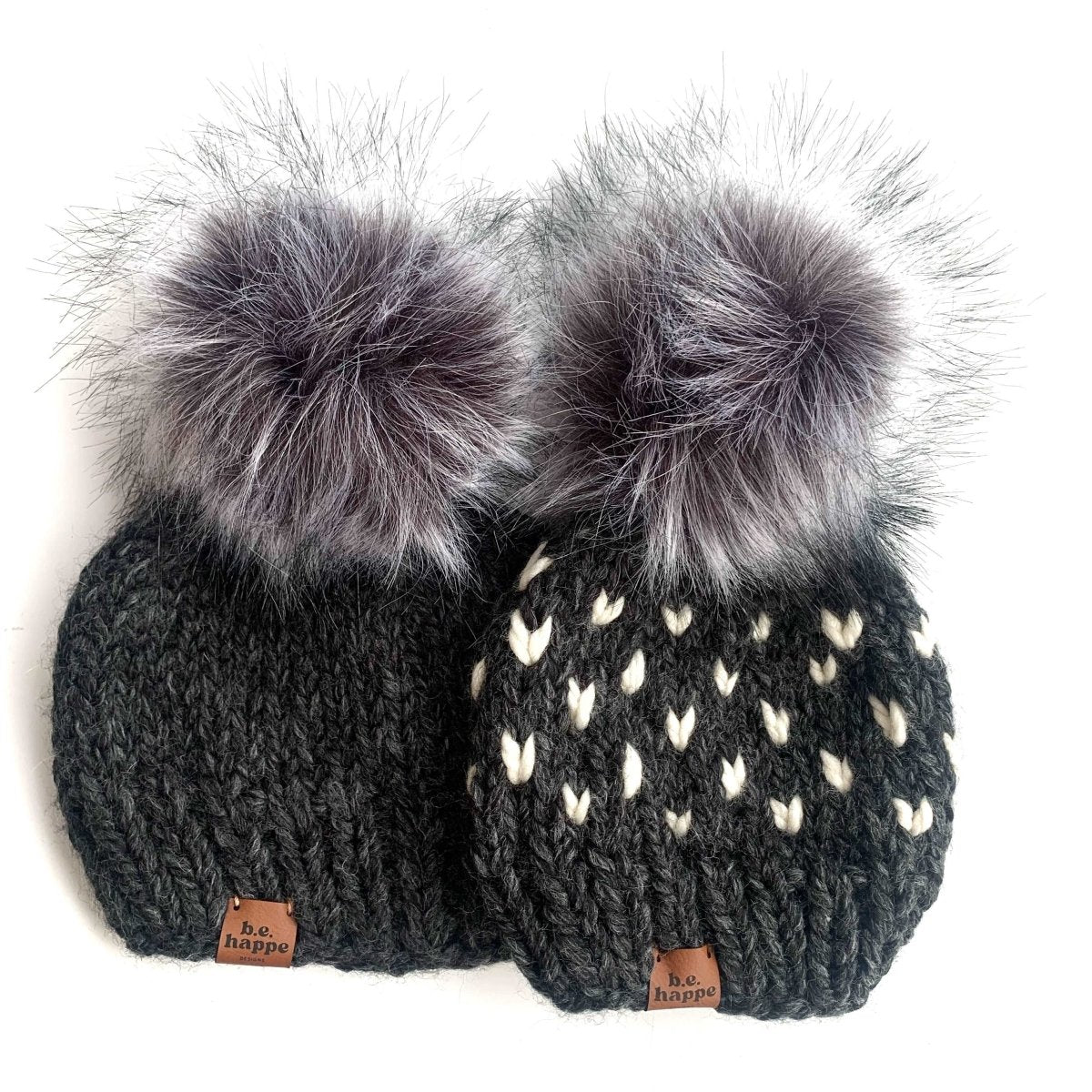 Youth Knit Hearts Pom Hat | Charcoal Gray + Off White - b.e.happe