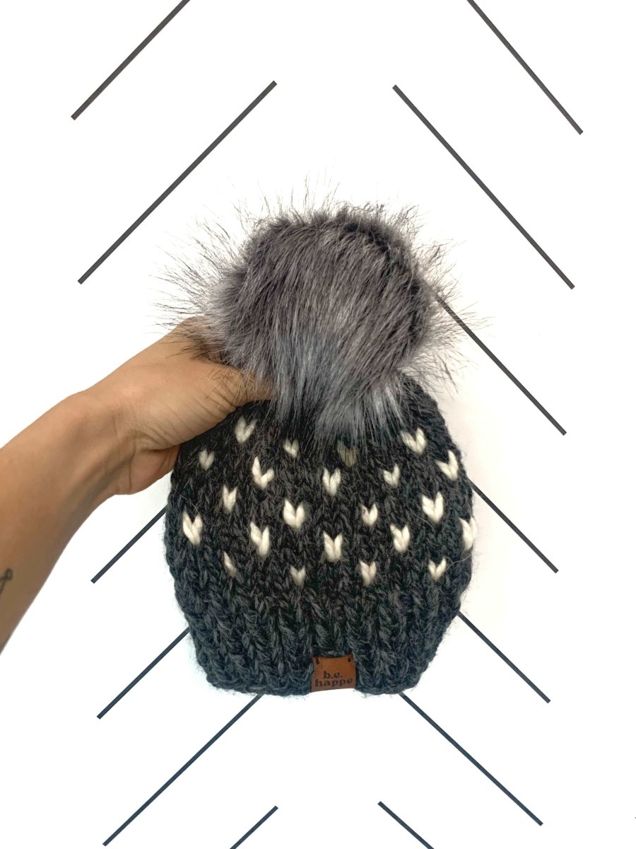 Youth Knit Hearts Pom Hat | Charcoal Gray + Off White - b.e.happe