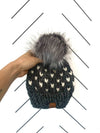 Youth Knit Hearts Pom Hat | Charcoal Gray + Off White - b.e.happe
