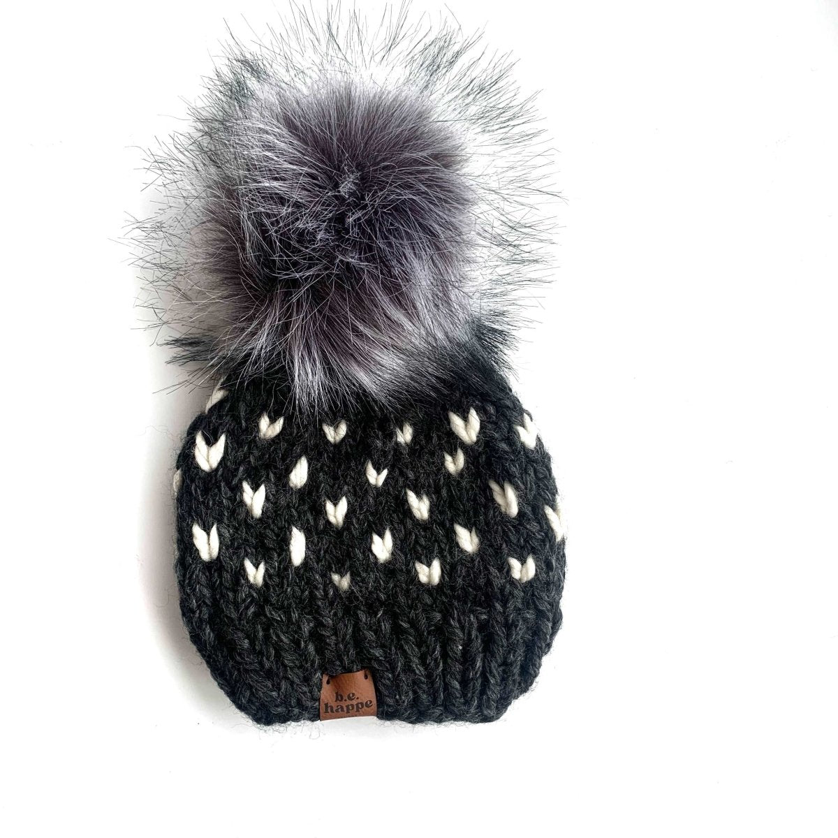 Youth Knit Hearts Pom Hat | Charcoal Gray + Off White - b.e.happe