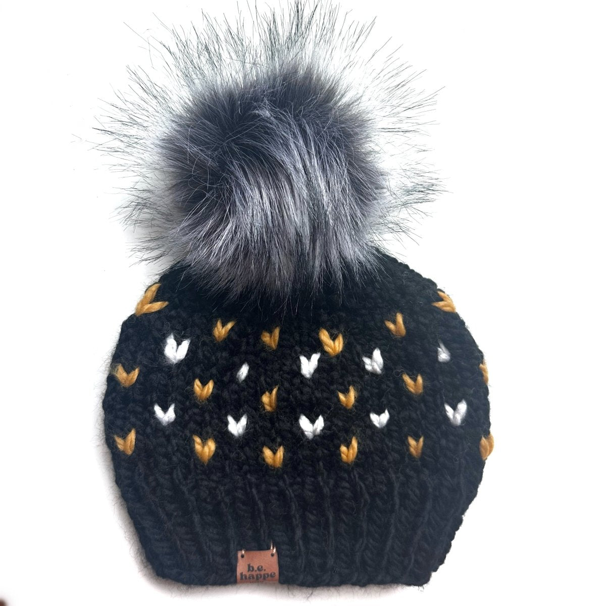 Youth Knit Pom Hat | Black + Yellow Heart Beanie - b.e.happe