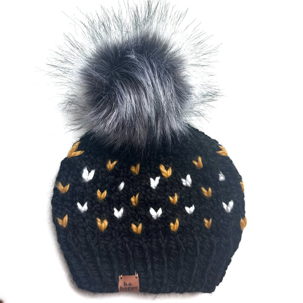 Youth Knit Pom Hat | Black + Yellow Heart Beanie - b.e.happe