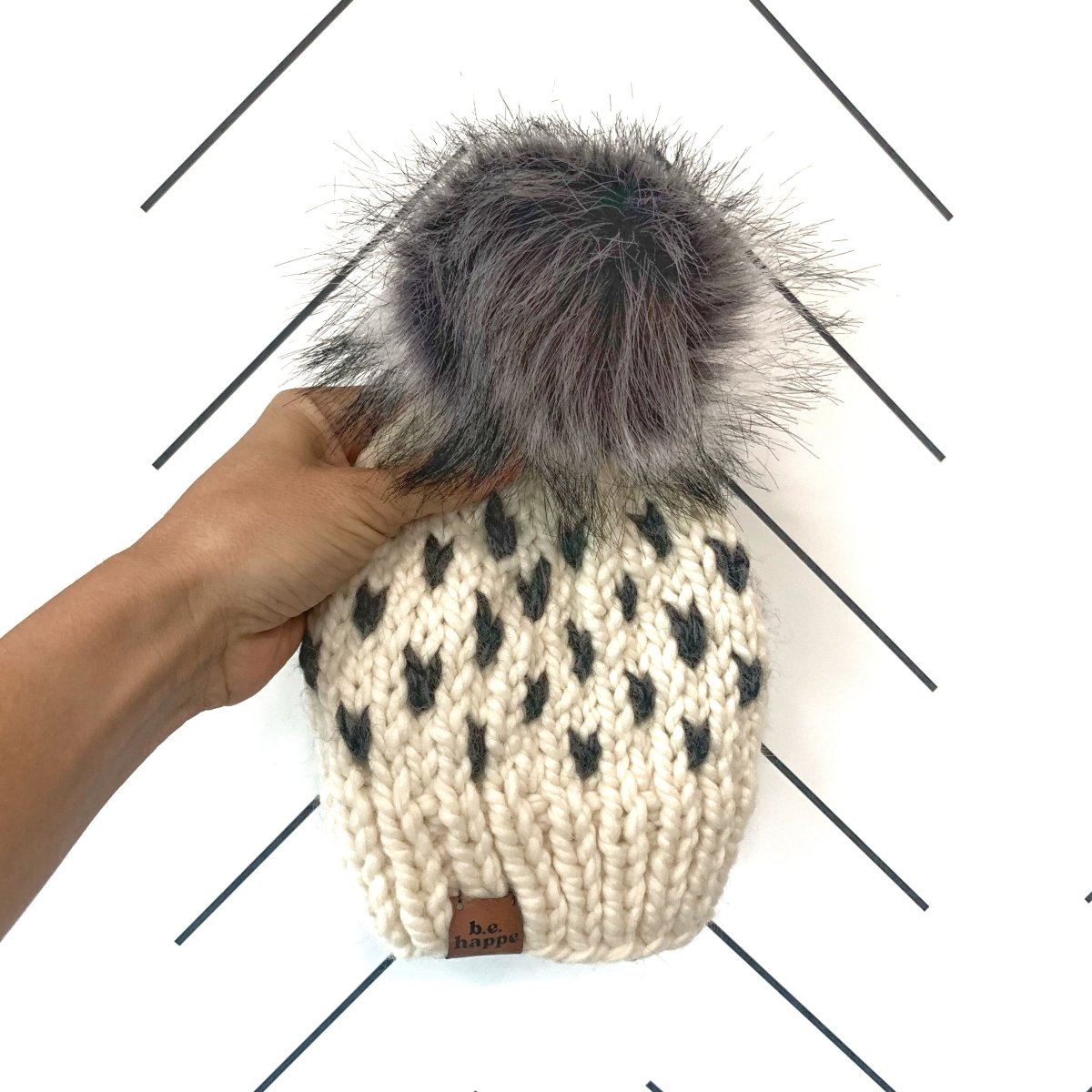 Youth Knit Pom Hat | Charcoal Gray Heart Beanie - b.e.happe