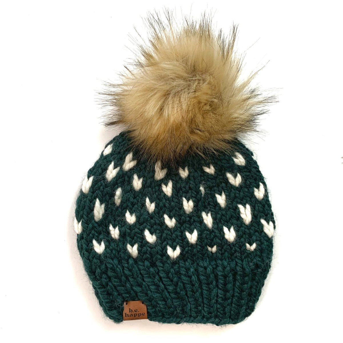 Youth Knit Pom Hat | Dark Green Hearts Beanie - b.e.happe