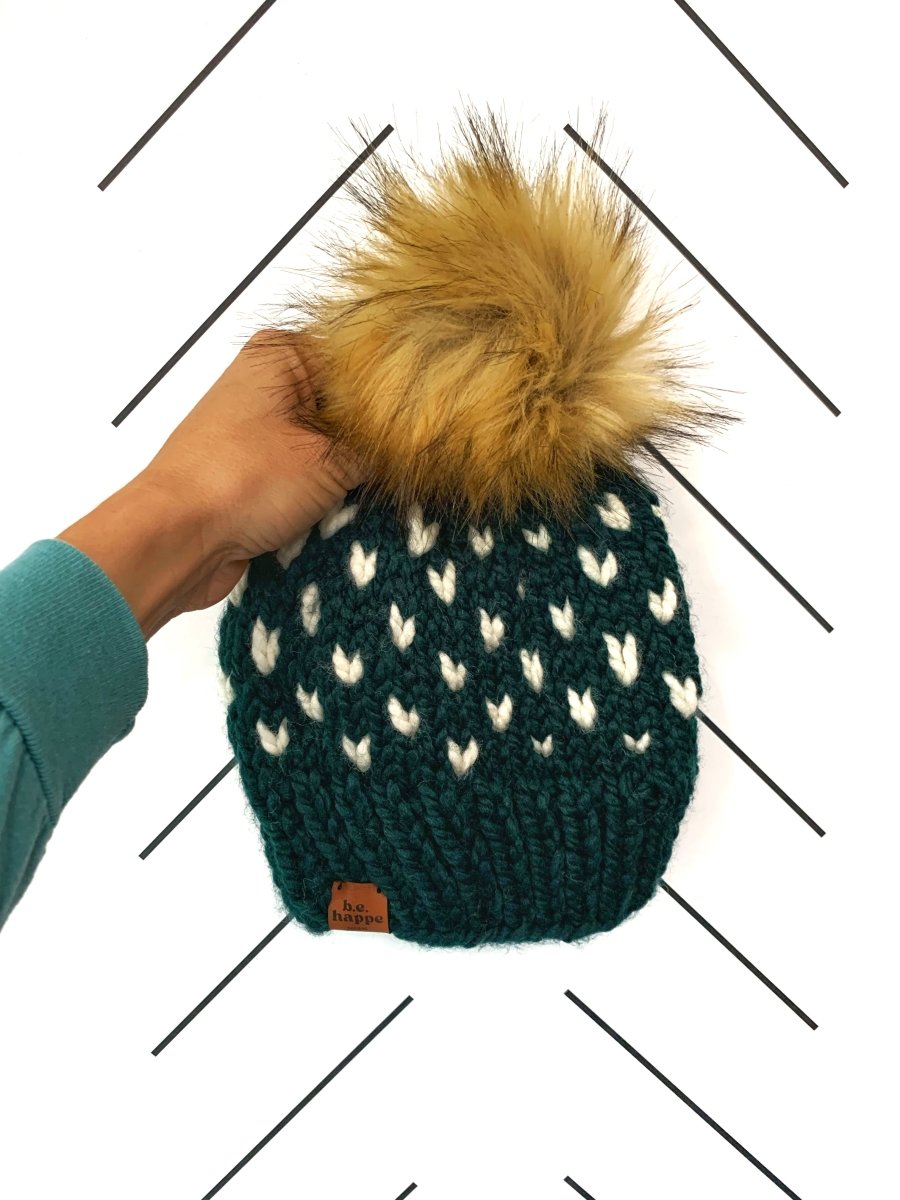Youth Knit Pom Hat | Dark Green Hearts Beanie - b.e.happe