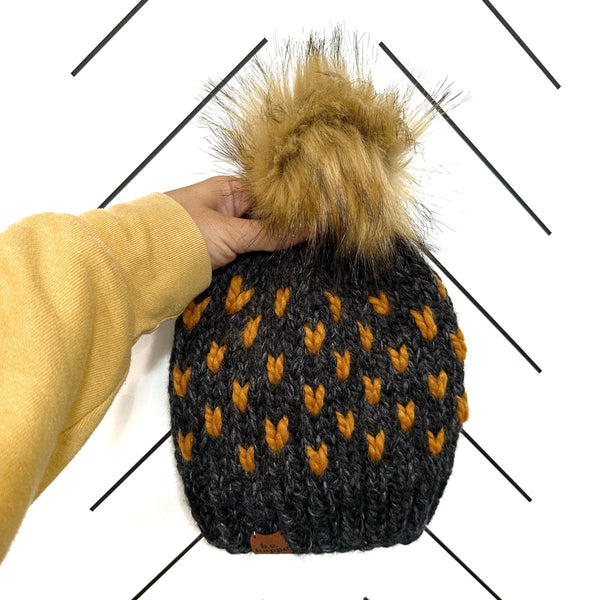 Youth Knit Pom Hat | Gray + Butterscotch Heart Beanie - b.e.happe