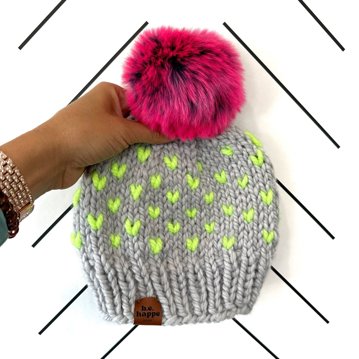 Youth Knit Pom Hat | Grey + Neon Yellow Heart Beanie - b.e.happe