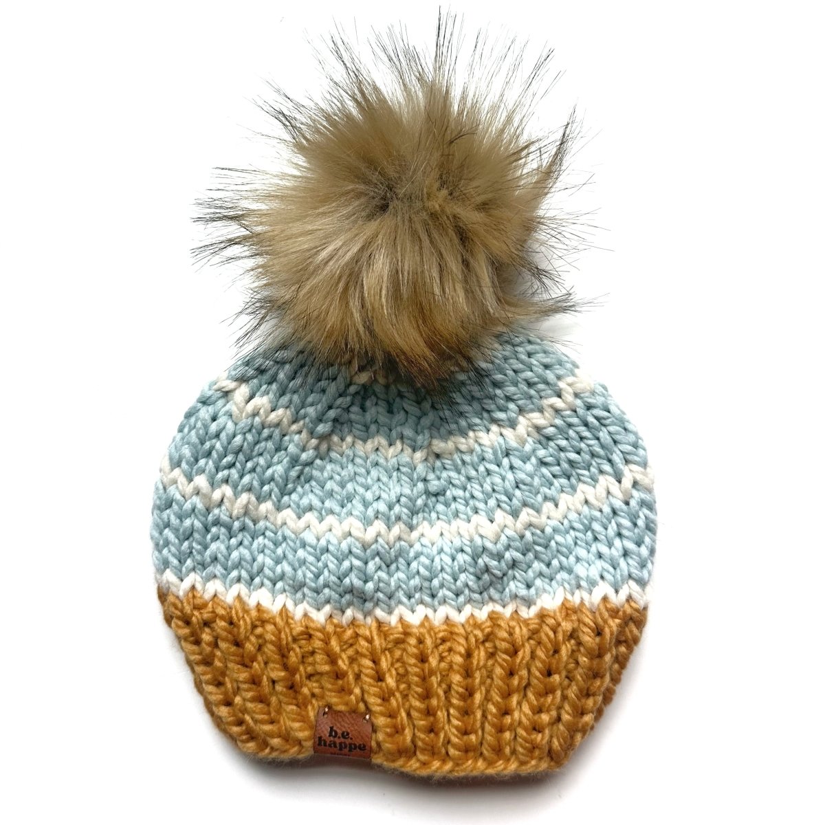 Youth Knit Pom Hat | Light Blue Stripe Beanie - b.e.happe
