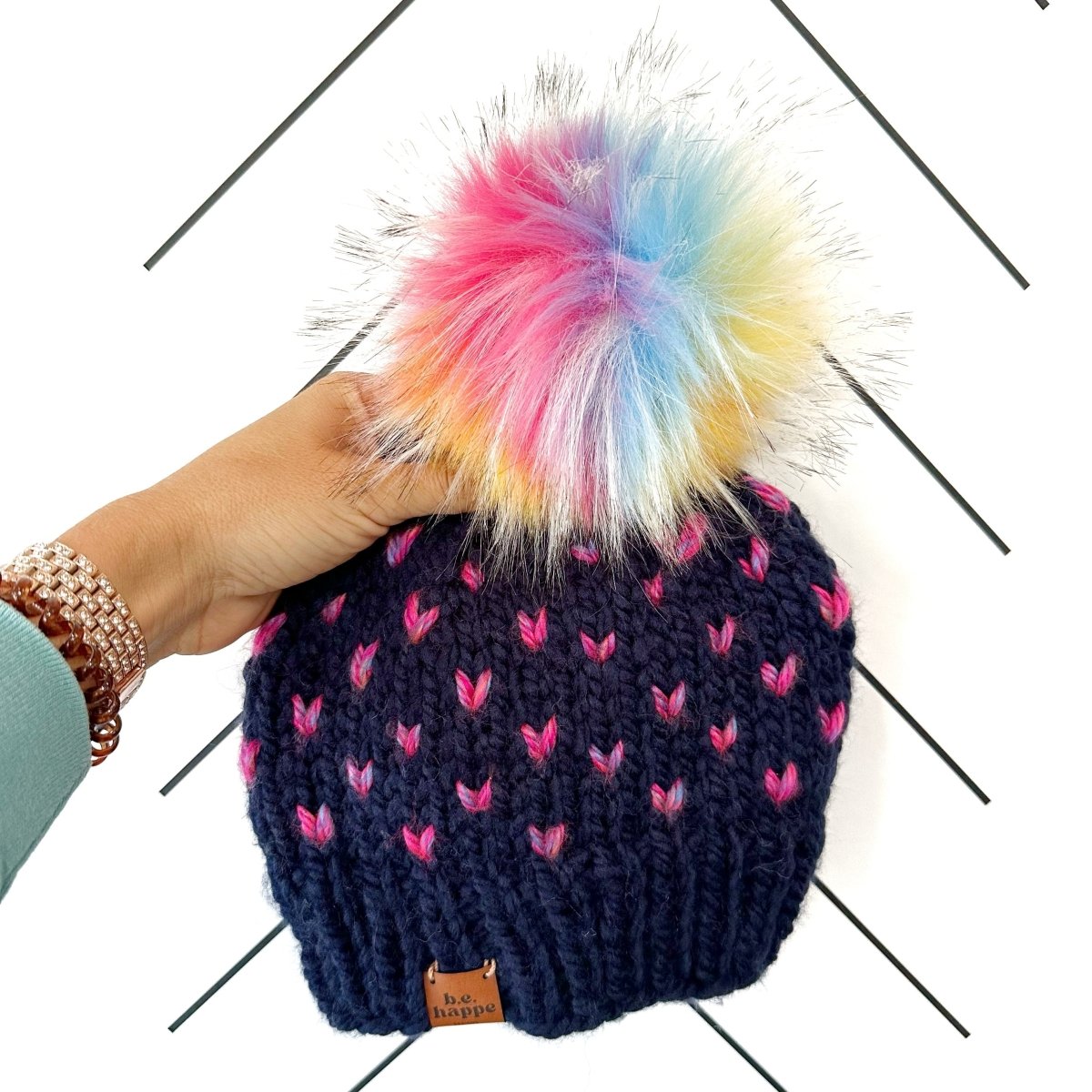 Youth Knit Pom Hat | Navy Rainbow Beanie - b.e.happe