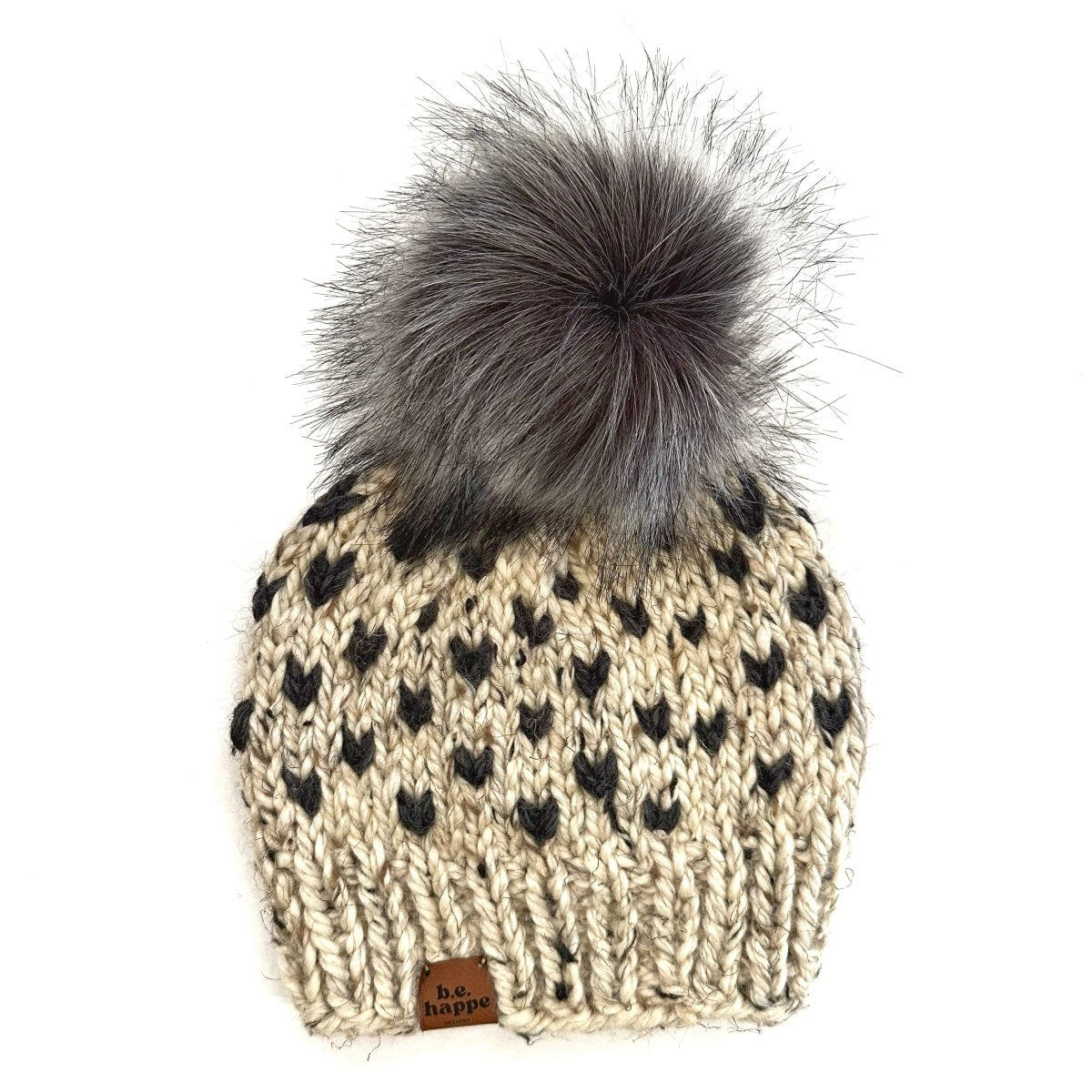 Youth Knit Pom Hat |Oatmeal Heart Beanie - b.e.happe