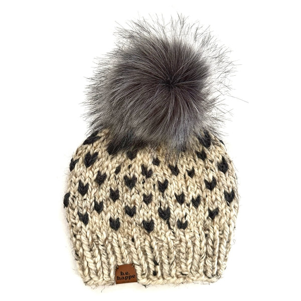 Youth Knit Pom Hat |Oatmeal Heart Beanie - b.e.happe