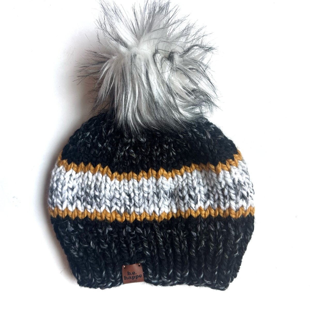 Youth Stripe Knit Pom Hat | Black + Mustard Yellow - b.e.happe
