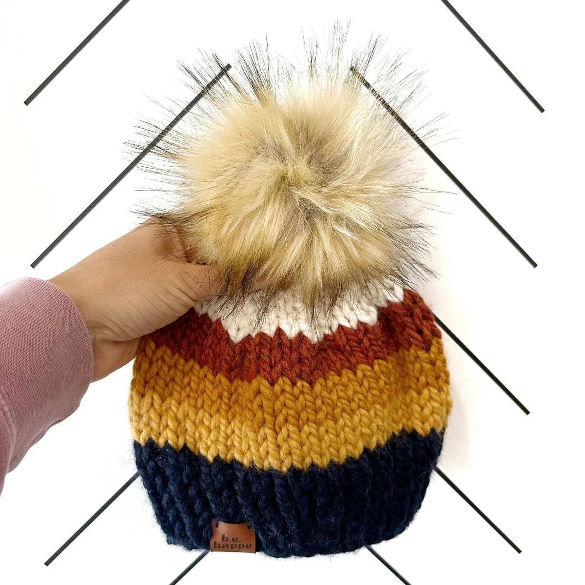 Youth Stripe Knit Pom Pom Hat | Navy - b.e.happe