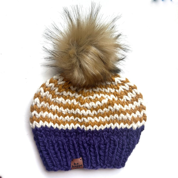 Youth Zig Zag Knit Hat | Mustard Yellow + Purple + Off White - b.e.happe