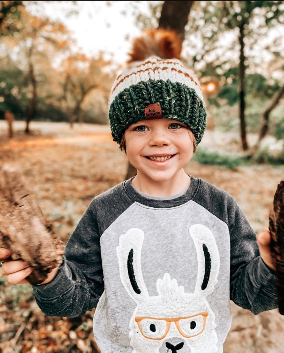 0 - 3 month Baby Pom Hat | Green + Butterscotch Stripe Beanie - b.e.happe
