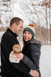 0 - 3 month Baby Pom Hat | Green + Butterscotch Stripe Beanie - b.e.happe