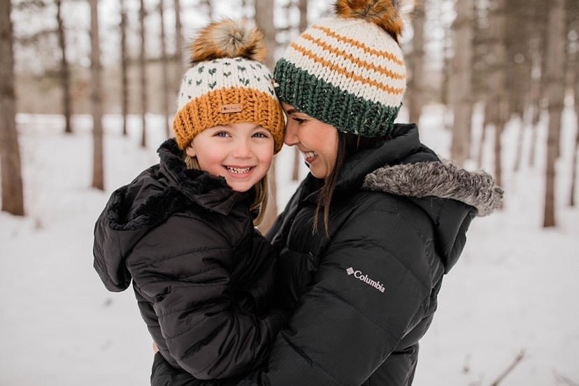 0 - 3 month Baby Pom Hat | Green + Butterscotch Stripe Beanie - b.e.happe