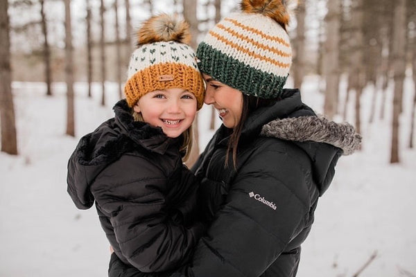0 - 3 month Baby Pom Hat | Green + Butterscotch Stripe Beanie - b.e.happe