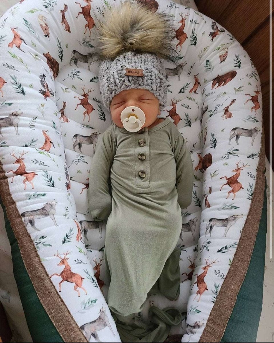 0 - 3 Month Baby Pom Hat | Grey Knit Beanie - b.e.happe