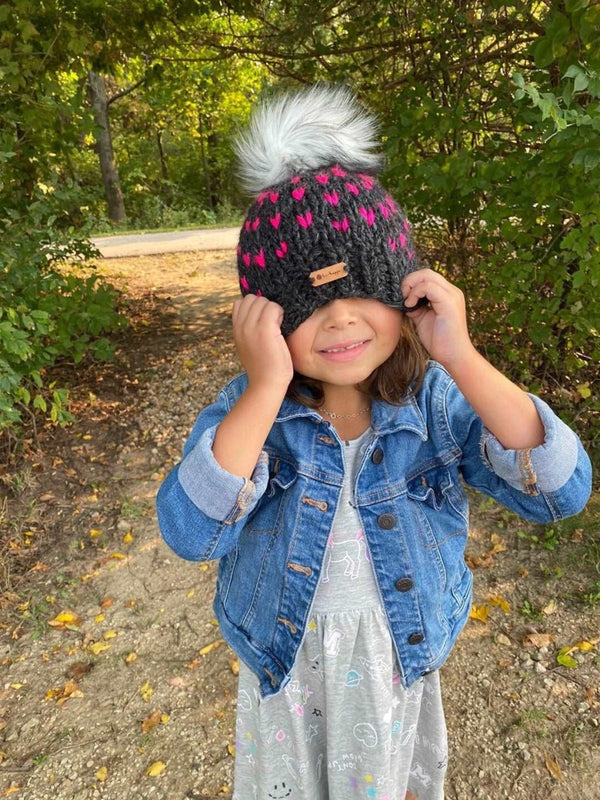 0 - 3 Month Baby Pom Hat | Hot Pink Heart Beanie - b.e.happe