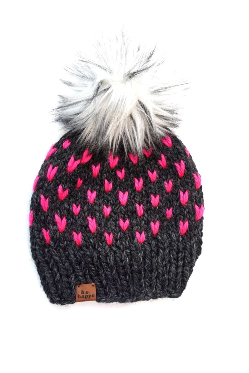 0 - 3 Month Baby Pom Hat | Hot Pink Heart Beanie - b.e.happe