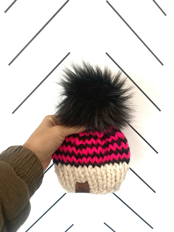 0 - 3 Month Baby Pom Hat | Pink + Black Beanie - b.e.happe