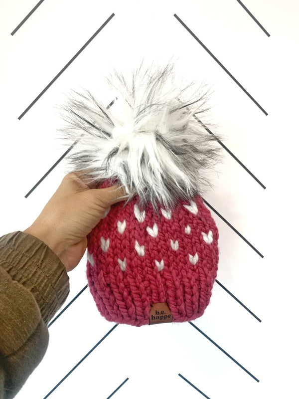 0 - 3 Month Baby Pom Hat | Pink Heart Beanie - b.e.happe