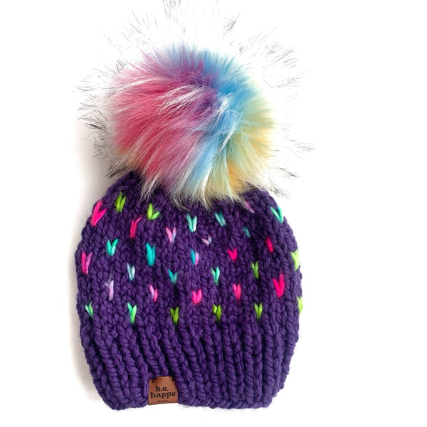 0 - 3 Month Baby Pom Hat | Purple Rainbow Pom Beanie - b.e.happe