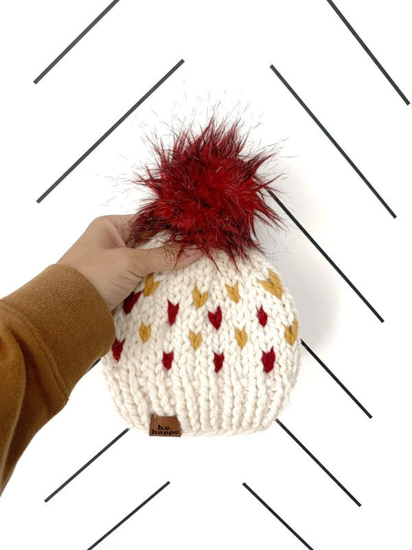 0 - 3 Month Baby Pom Hat | Red + Yellow Heart Beanie - b.e.happe