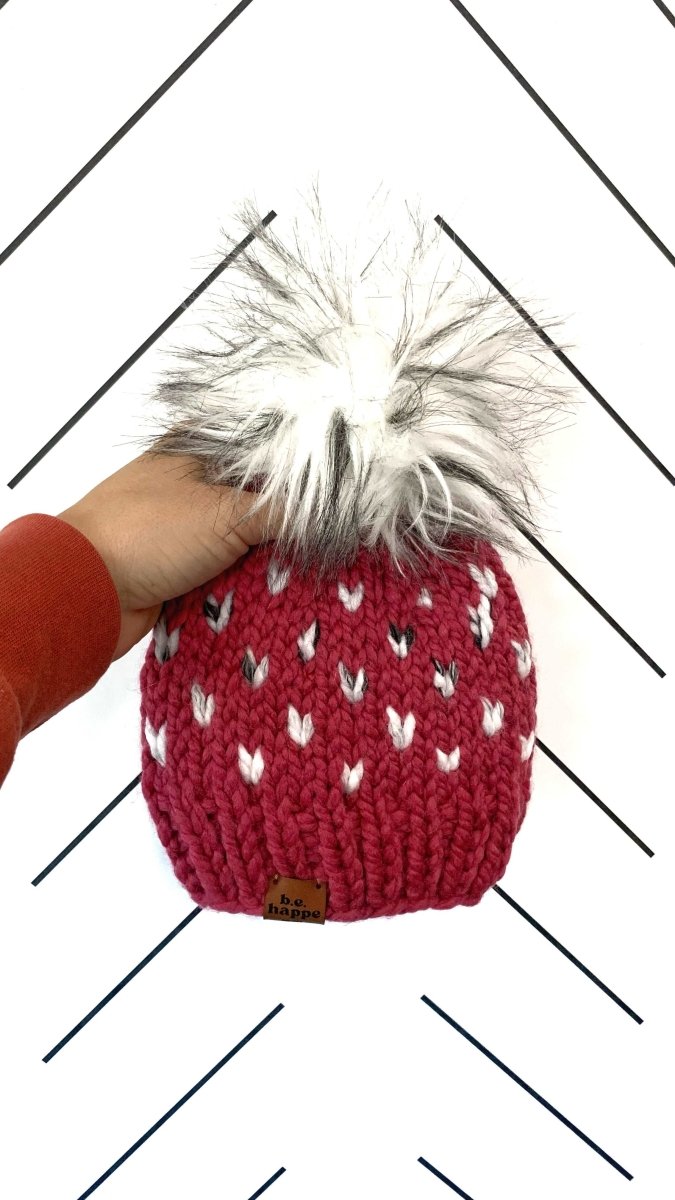 3 - 6 month Baby Pom Hat | Pink Heart Beanie - b.e.happe