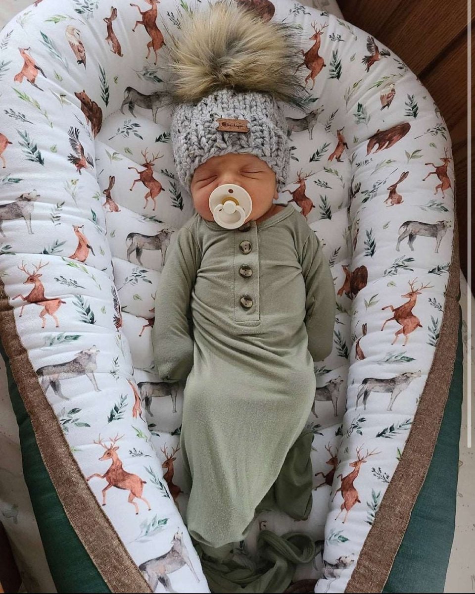 6 - 12 month Baby Pom Hat | Grey Knit Beanie - b.e.happe