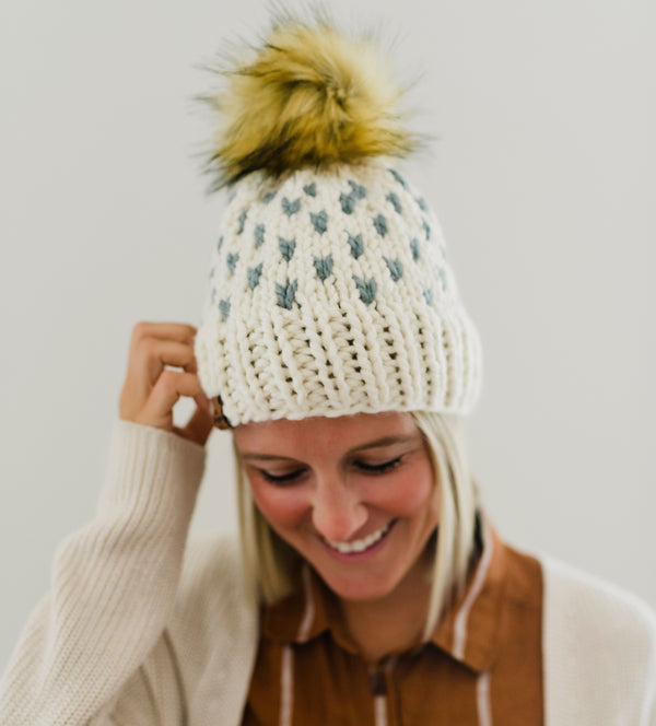 Adult Knit Pom Hat | Off White Heart Beanie -  from b.e.happe 