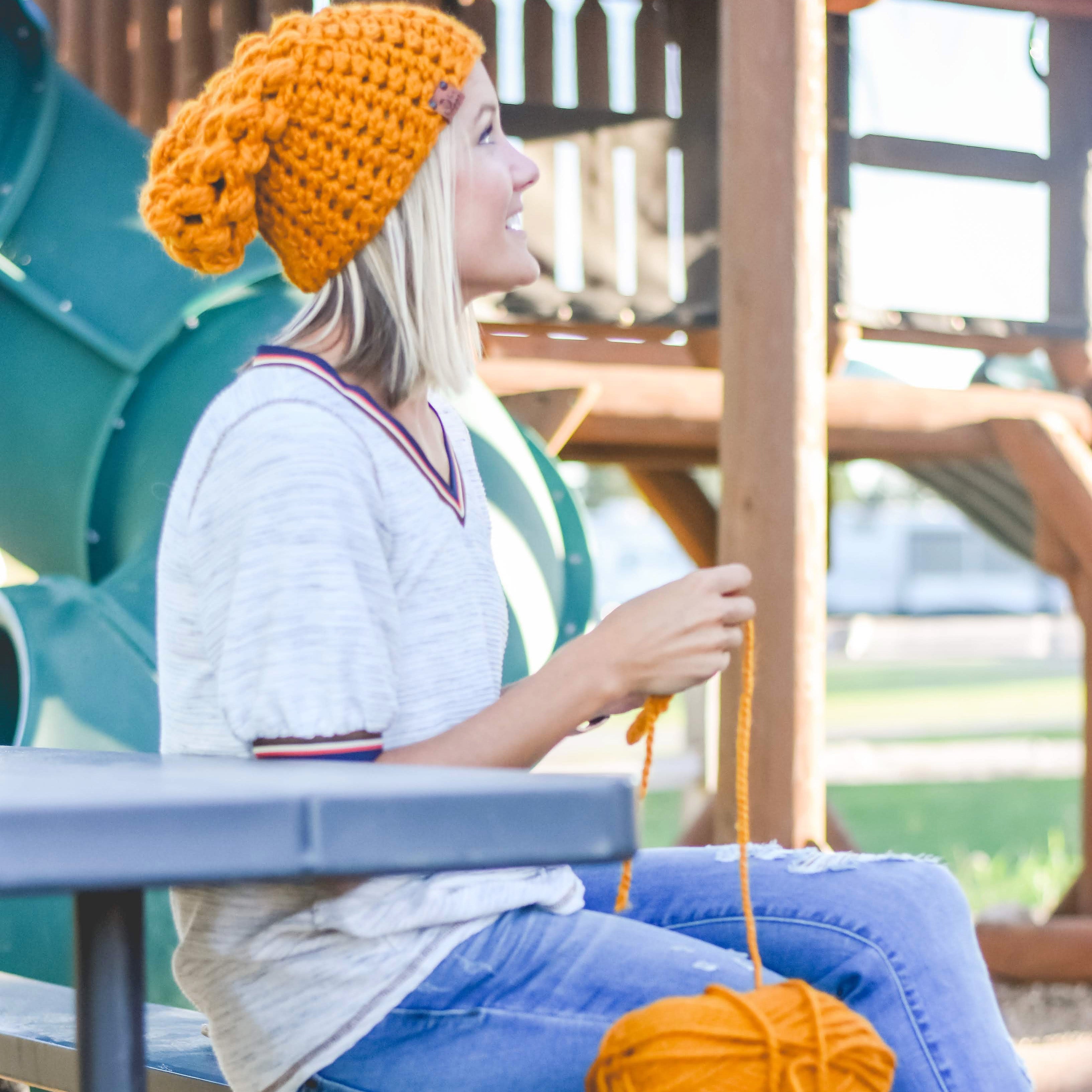 Crochet Puff Stitch Slouch Hat | Butterscotch Slouchy Beanie - Adult from b.e.happe 
