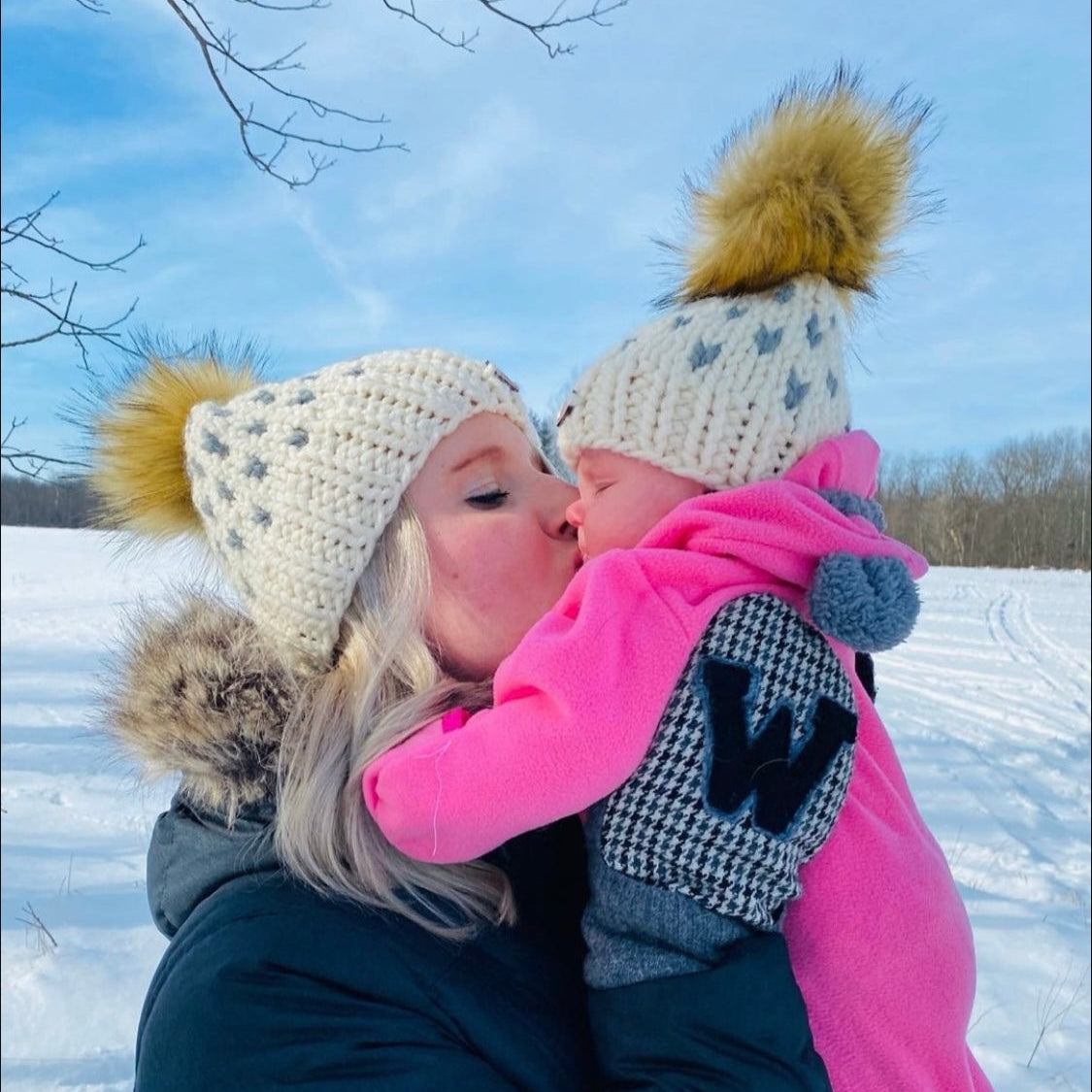 Mommy + Me Off White Knit Heart Pom Hat Set -  from b.e.happe 