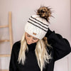 Womens Cream + Black Stripe knit Pom Beanie -  from b.e.happe 