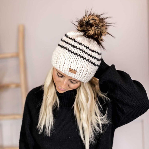 Womens Cream + Black Stripe knit Pom Beanie -  from b.e.happe 