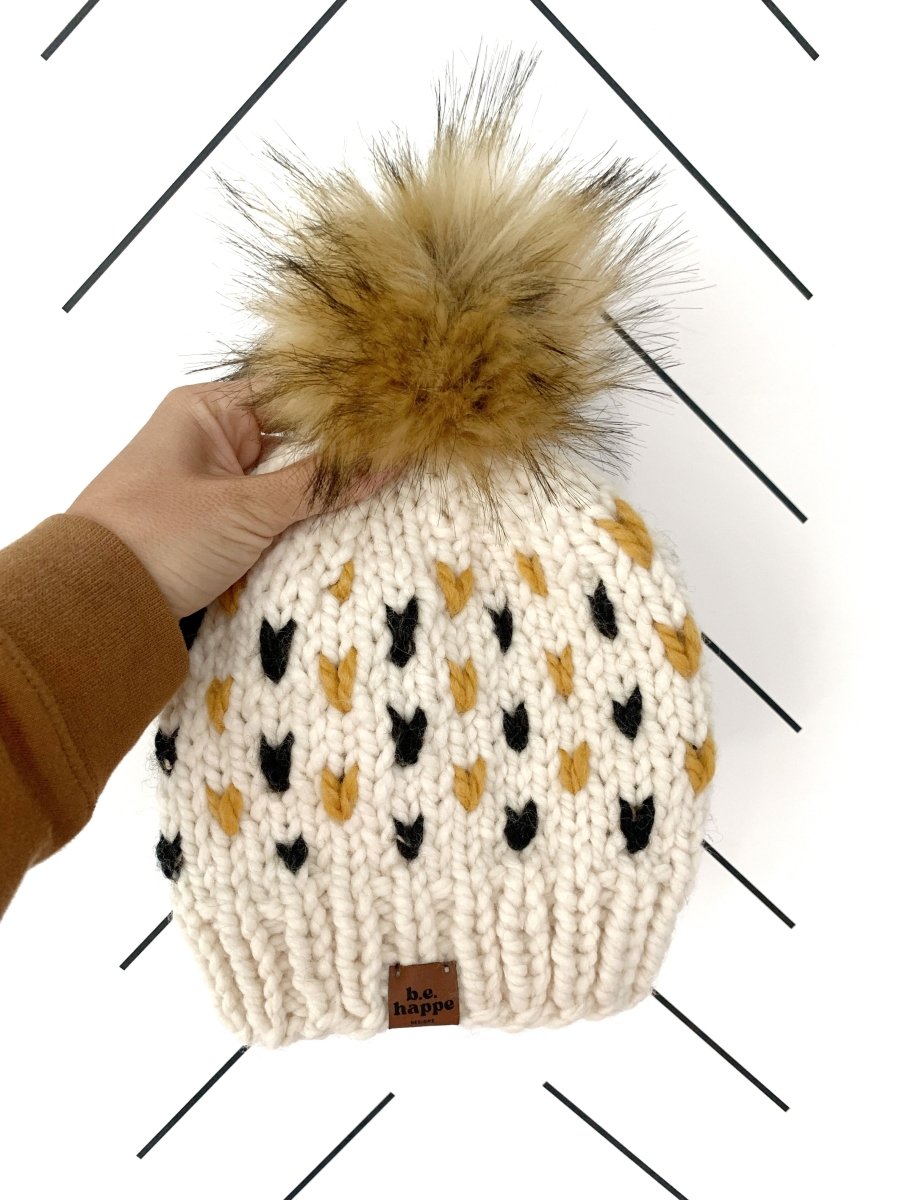 Adult Knit Pom Hat | Black + Yellow Beanie - b.e.happe
