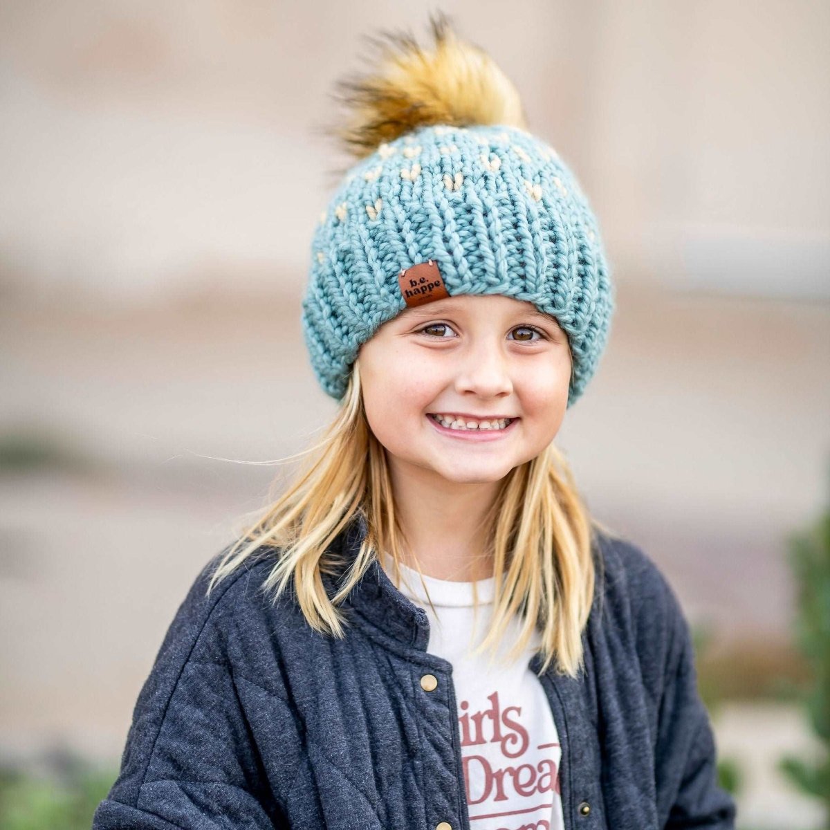 Adult Knit Pom Hat | Blue + Tan Heart Beanie - b.e.happe