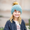 Adult Knit Pom Hat | Blue + Tan Heart Beanie - b.e.happe