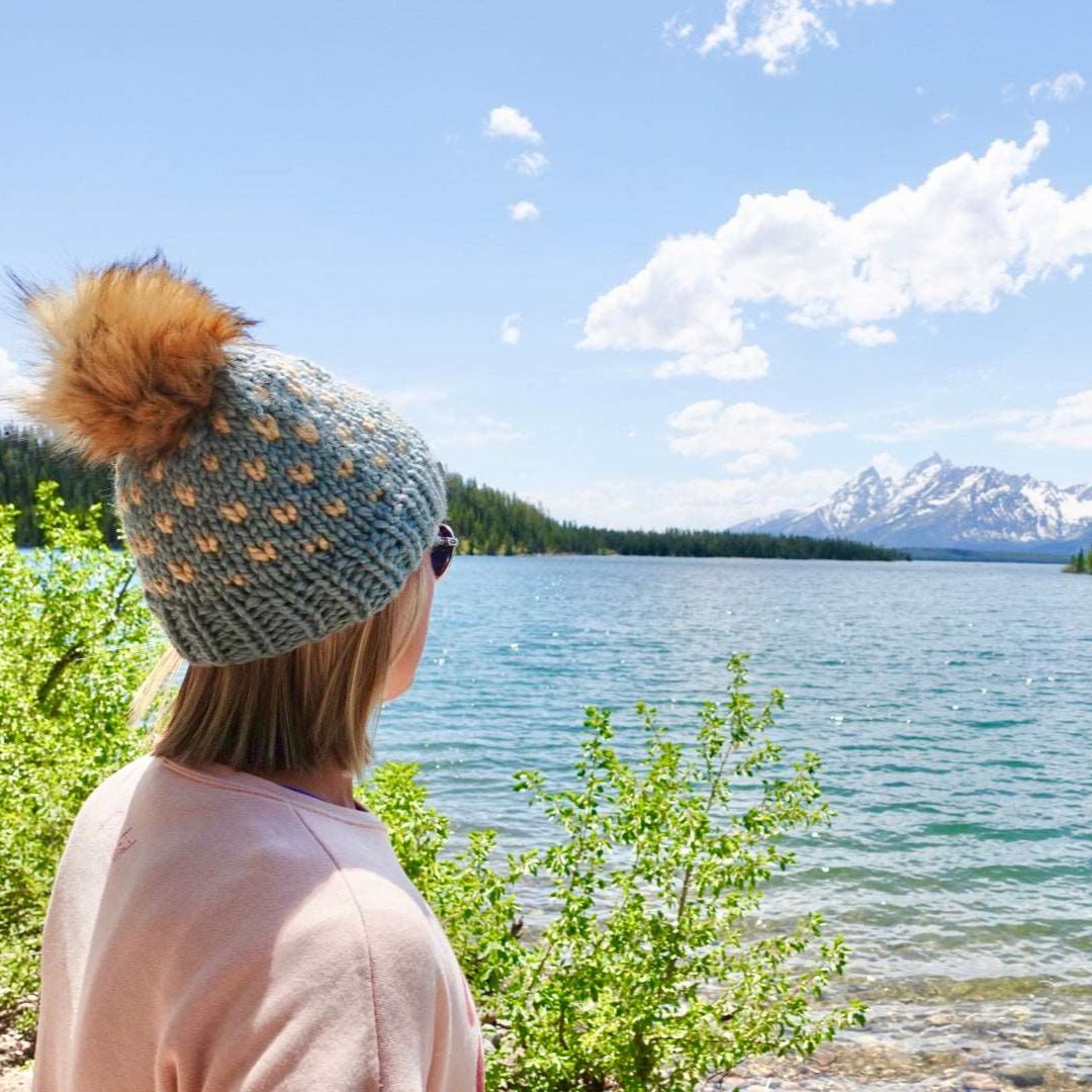 Adult Knit Pom Hat | Blue + Tan Heart Beanie - b.e.happe