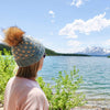 Adult Knit Pom Hat | Blue + Tan Heart Beanie - b.e.happe