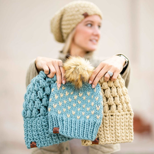 Adult Knit Pom Hat | Blue + Tan Heart Beanie - b.e.happe