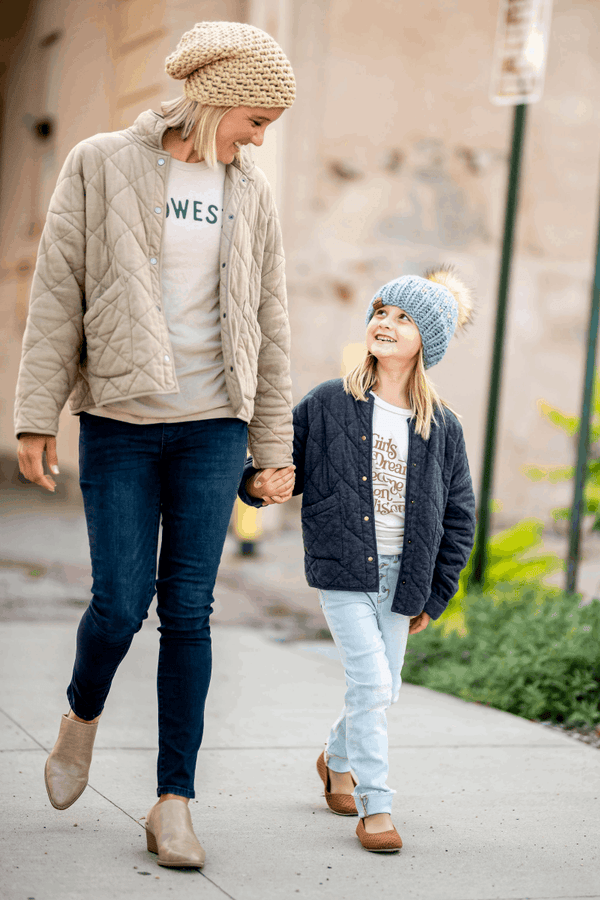 Adult Knit Pom Hat | Blue + Tan Heart Beanie - b.e.happe