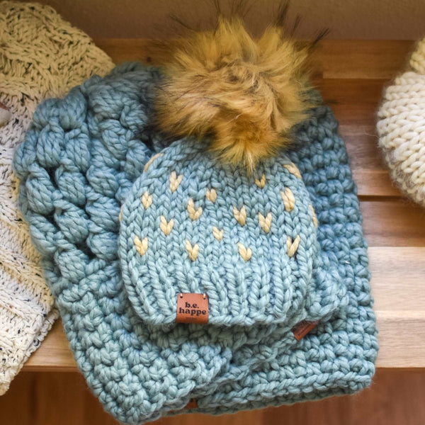 Adult Knit Pom Hat | Blue + Tan Heart Beanie - b.e.happe