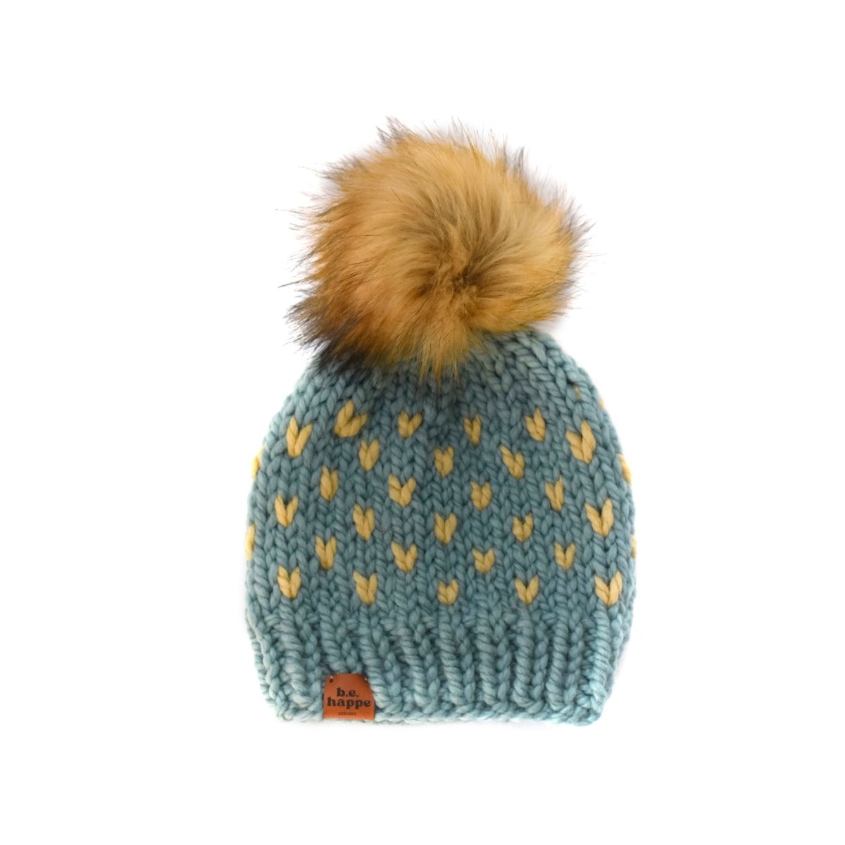 Adult Knit Pom Hat | Blue + Tan Heart Beanie - b.e.happe