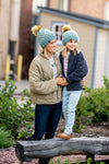 Adult Knit Pom Hat | Blue + Tan Heart Beanie - b.e.happe