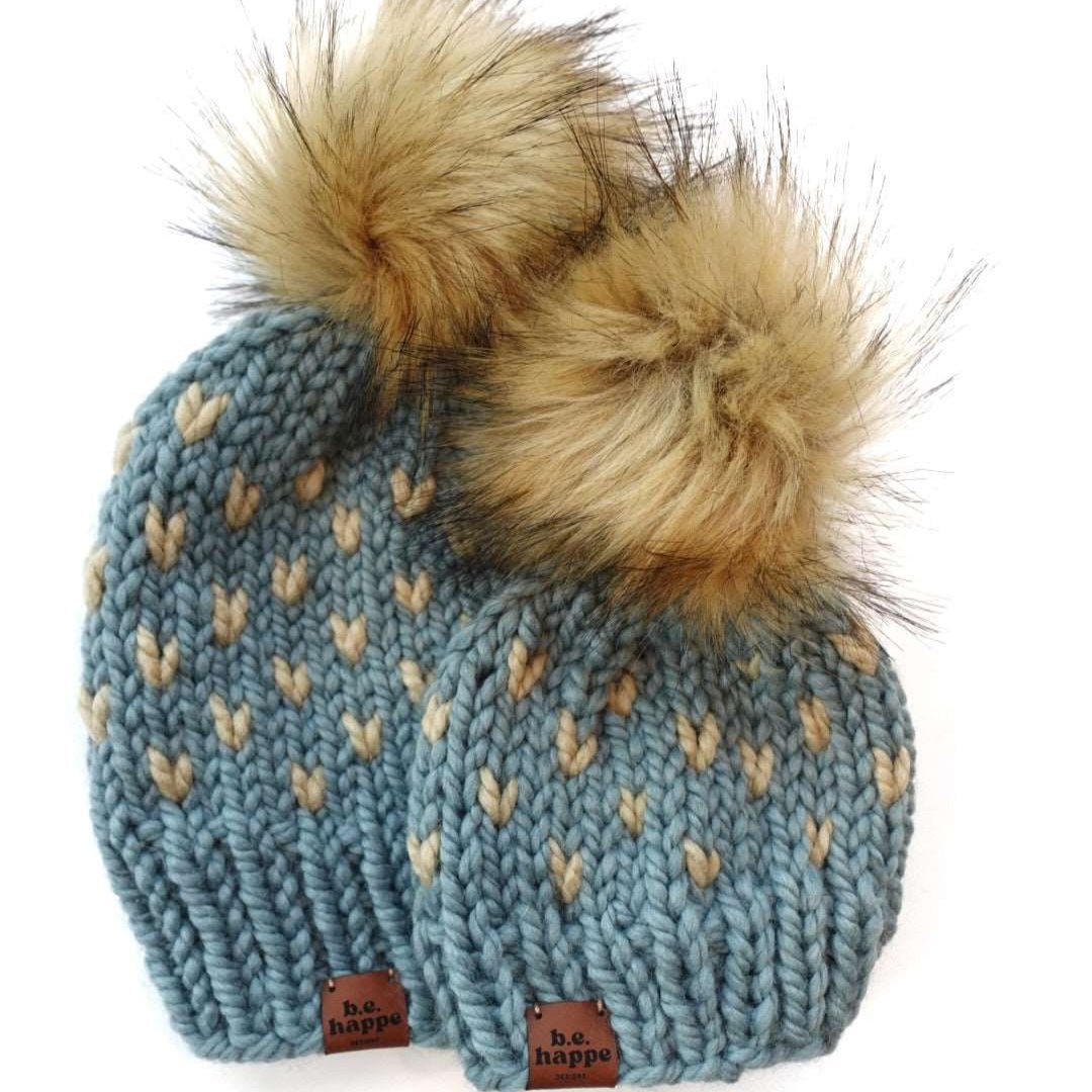 Adult Knit Pom Hat | Blue + Tan Heart Beanie - b.e.happe