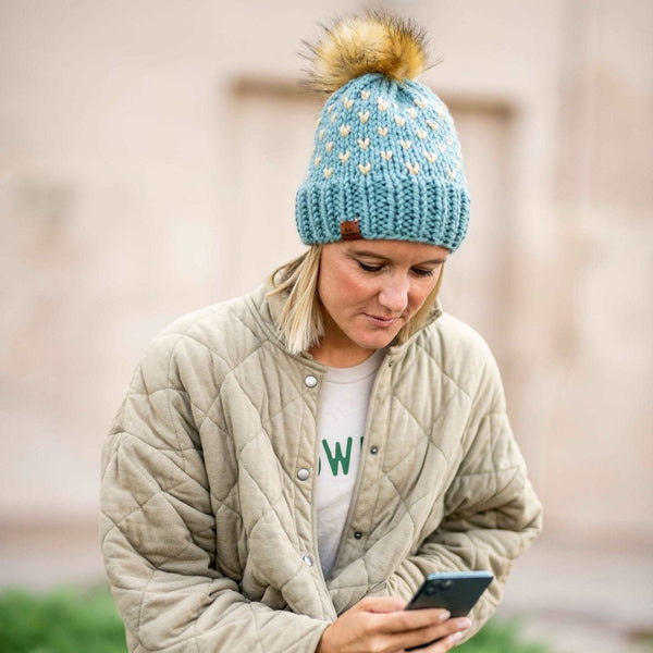 Adult Knit Pom Hat | Blue + Tan Heart Beanie - b.e.happe