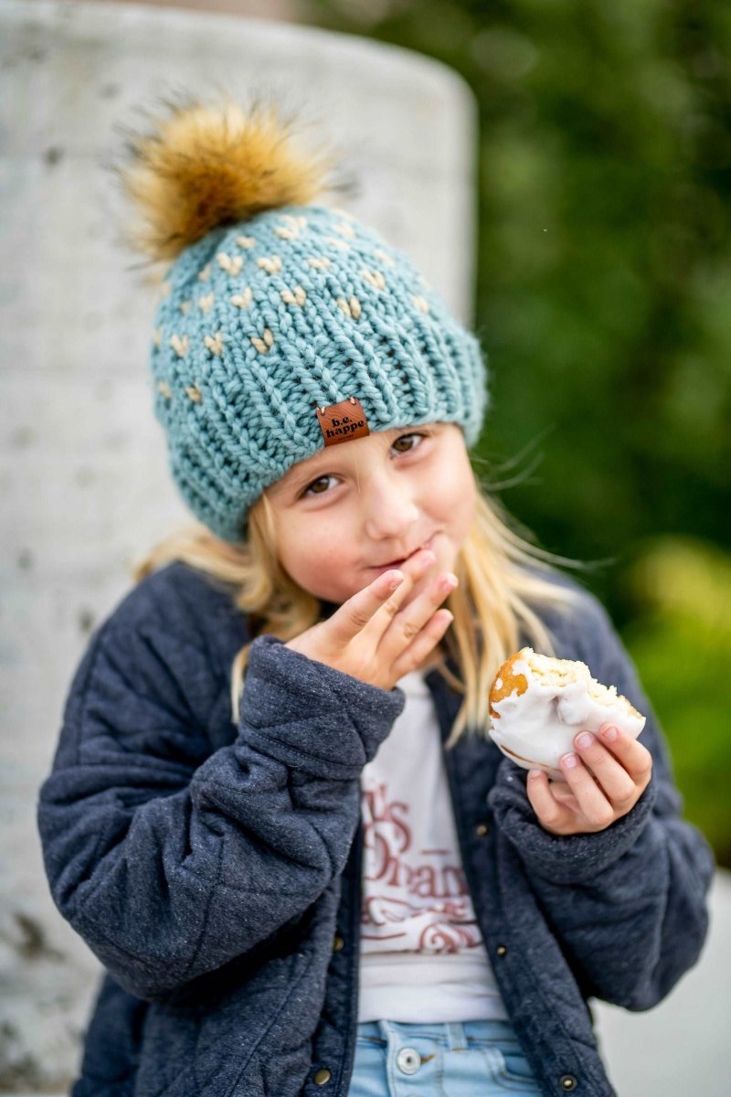 Adult Knit Pom Hat | Blue + Tan Heart Beanie - b.e.happe
