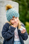 Adult Knit Pom Hat | Blue + Tan Heart Beanie - b.e.happe